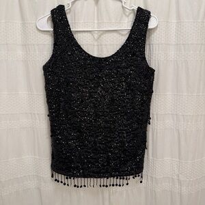 Hand Beaded Tank Top Made in Hong Kong 100% Wool Black Womens Small Flapper 20s